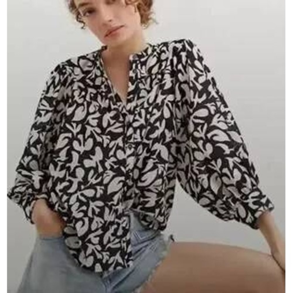 Danielle Kroll for Anthropologie Cotton Bird Print Button Down Blouse Large
